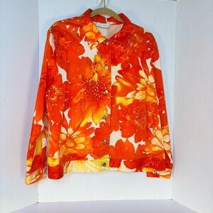 DIANE GILMAN Dg2- Orange Floral Button-Up Jacket with Sequin  Detail